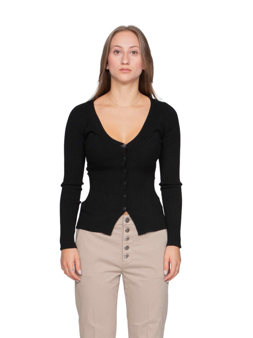 Dondup Fitted Ribbed Cardigan With Deep V-Neckline And Asymmetrical Hemline