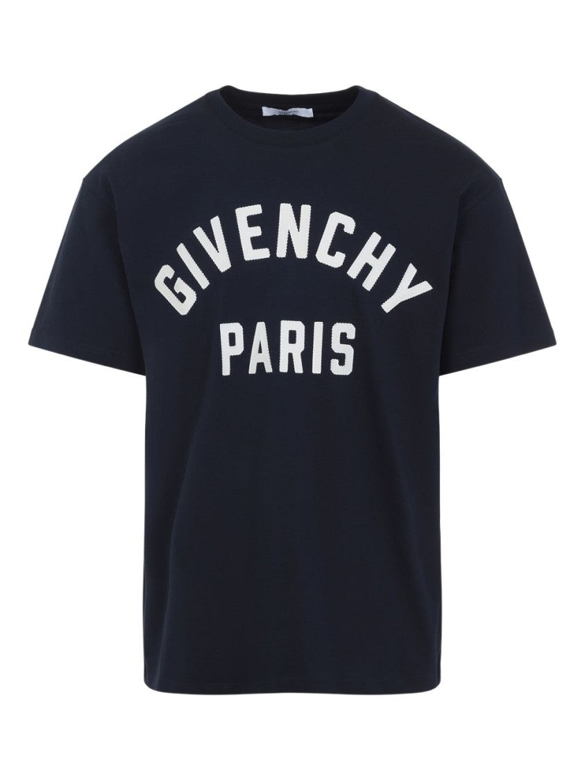 Givenchy Navy Blue Lettering Print Crew Neck T-Shirt