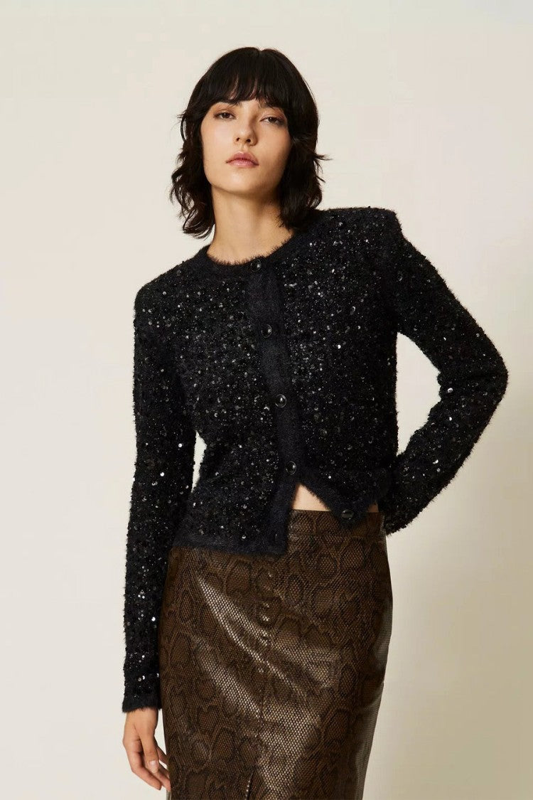 Twin-Set Black Sparkling Collarless Button-Front Jacket