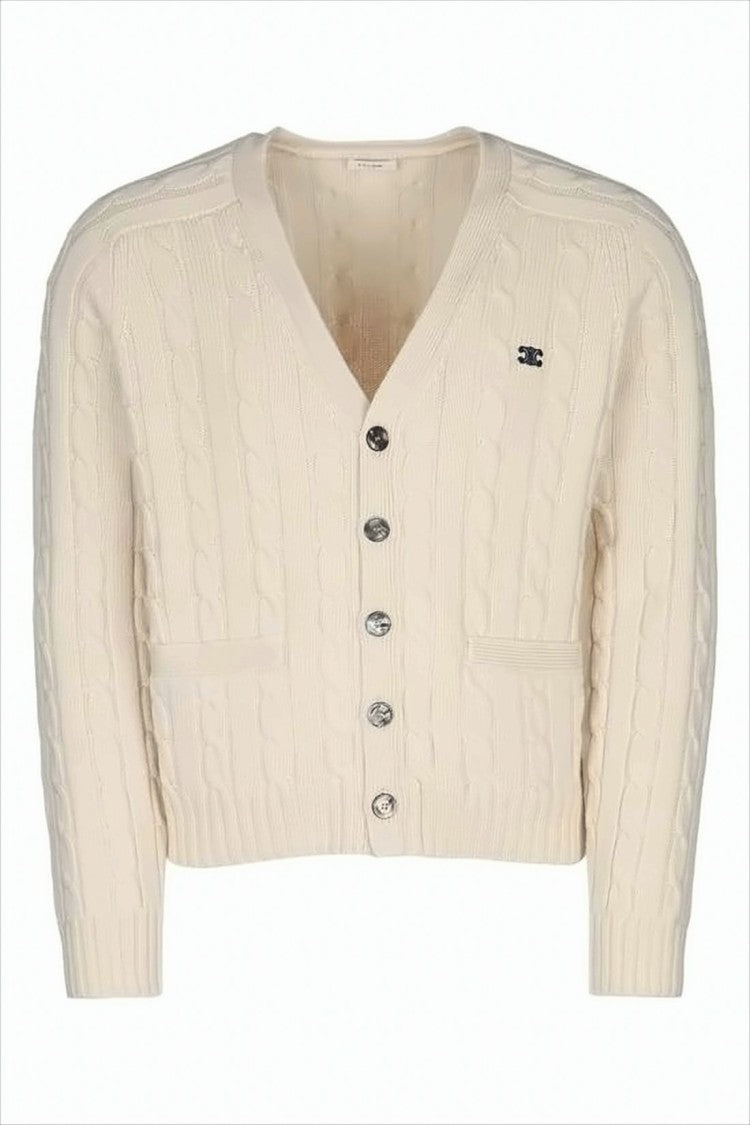 Celine Cropped Cable Knit Cardigan With Suede Elbow Patches
