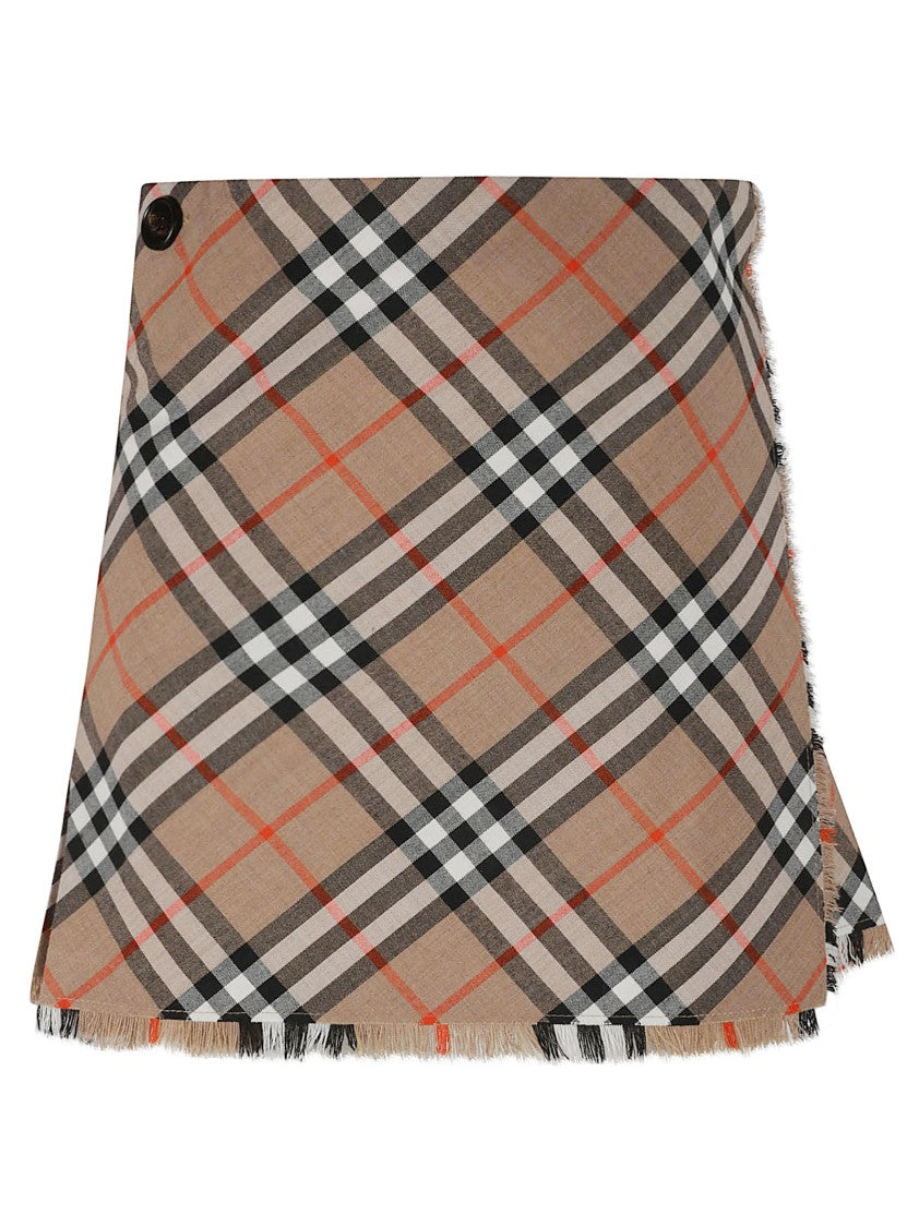 Burberry Plaid Pleated Skirt With Fringed Hem