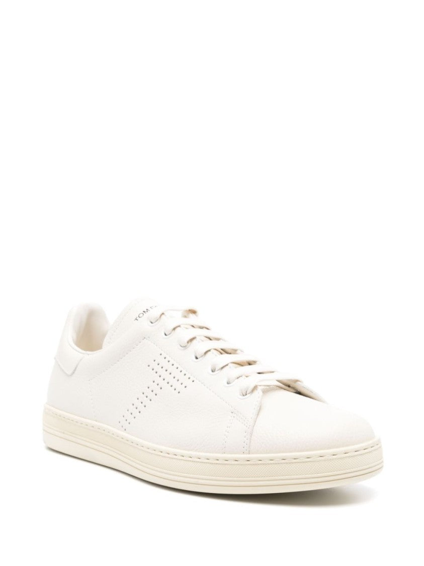 Tom Ford Cream-White Grained Leather Sneakers With Perforated Logo