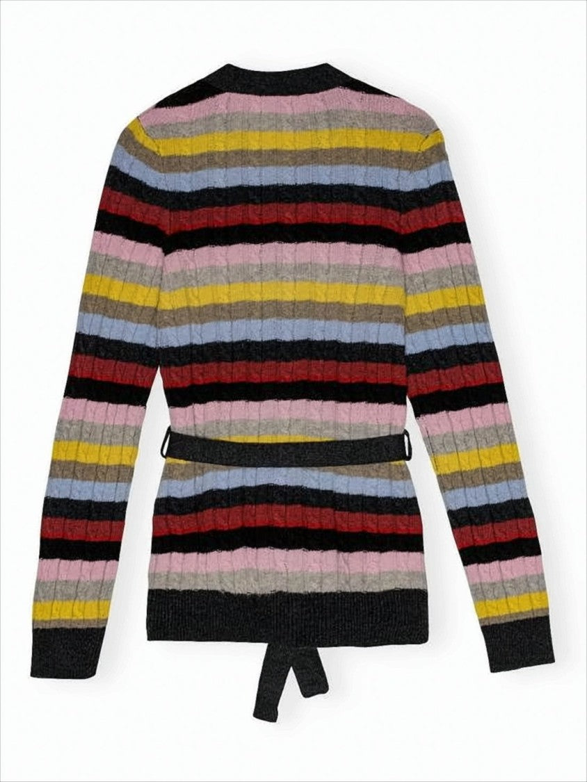 Ganni Ribbed Knit Cardigan With Horizontal Stripes And Matching Belt
