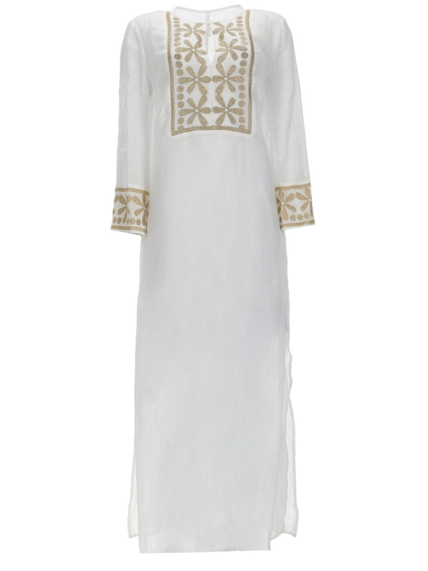 120% Lino Knee-Length Linen Embroidered Dress