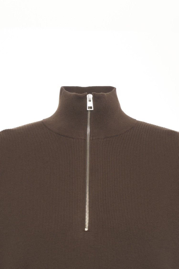 Closed Ribbed Half-Zip Sweater With High Collar