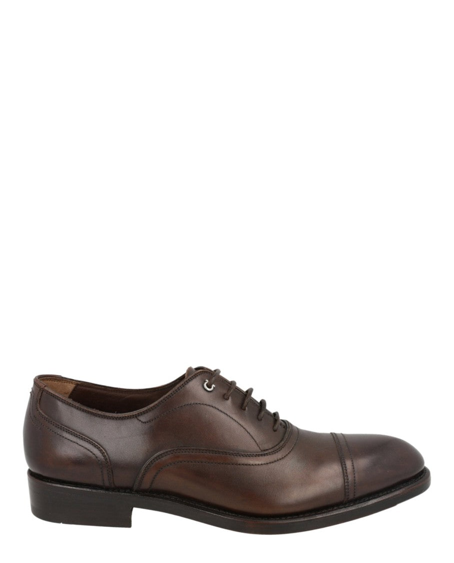 Ferragamo Brown Calfskin Leather Oxfords With Gancini Logo Details