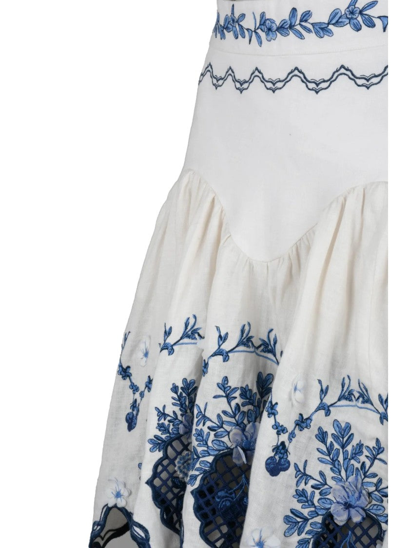 Agua By Agua Bendita White Flared Floral Embroidered Linen Mini Skirt