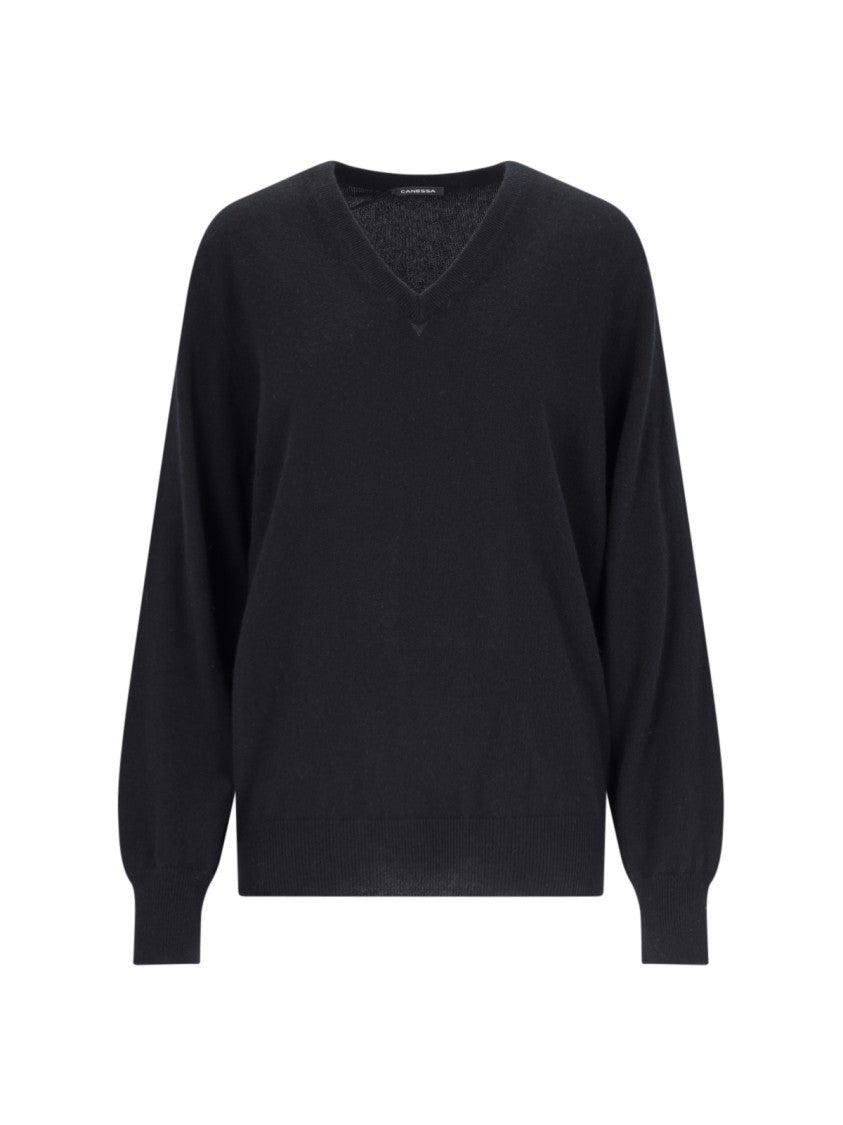 Canessa V-Neck Sweater In Black Cashmere Ribbed Trim