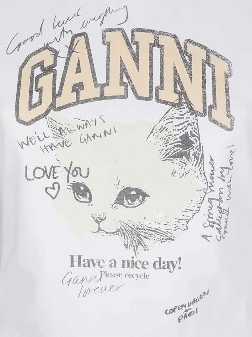 Ganni White Graphic Print Fitted Cotton T-Shirt