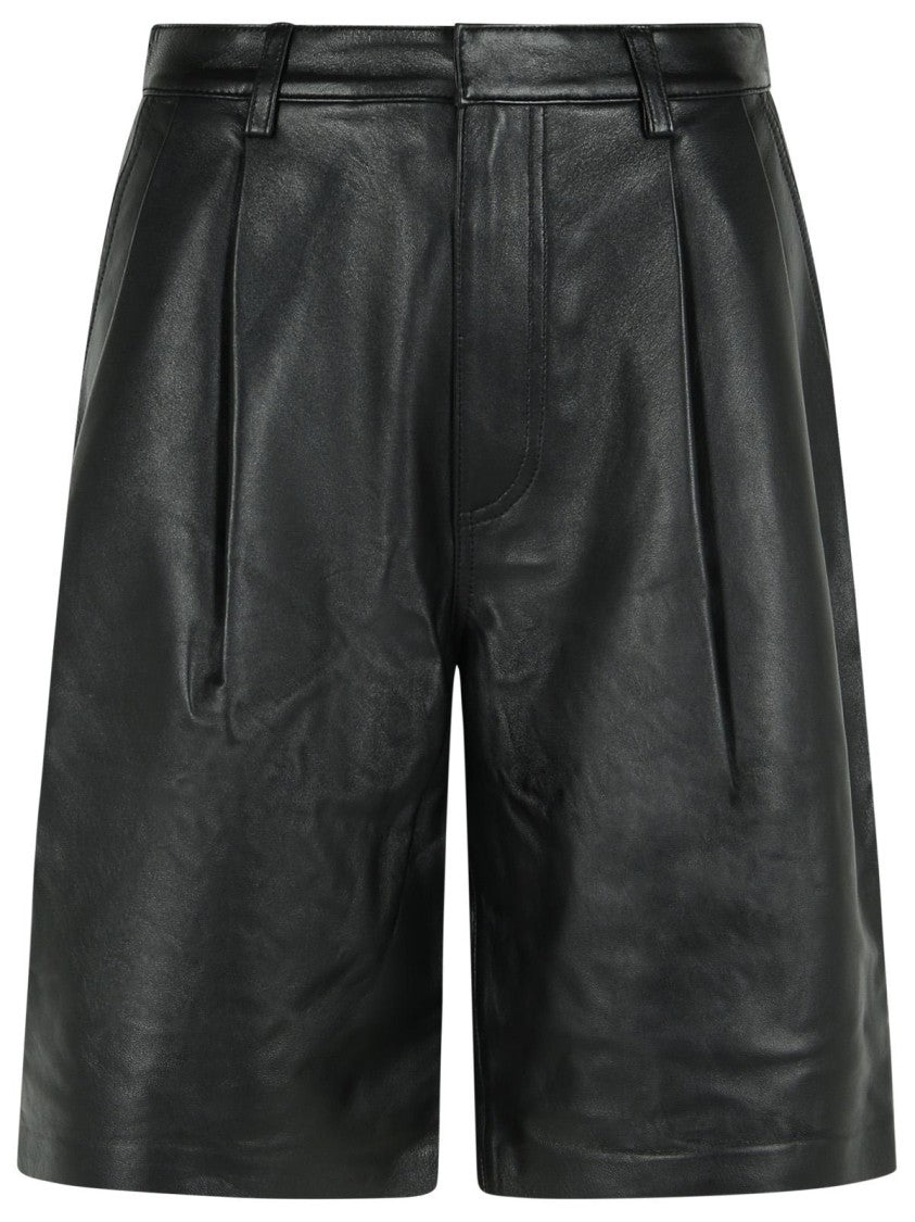 Michael Michael Kors Black Pleated Leather Bermuda Shorts