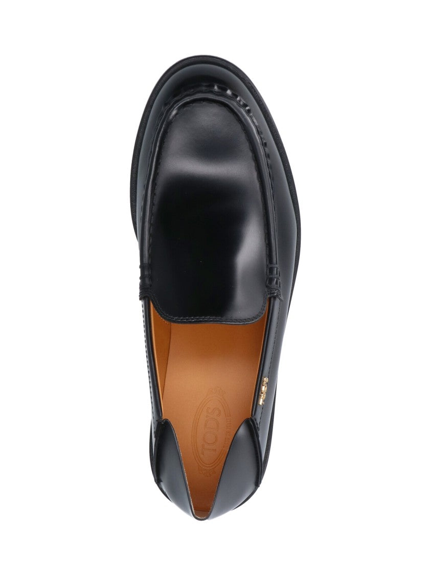 Tod's Black Rounded Toe Gold Logo Moccasins