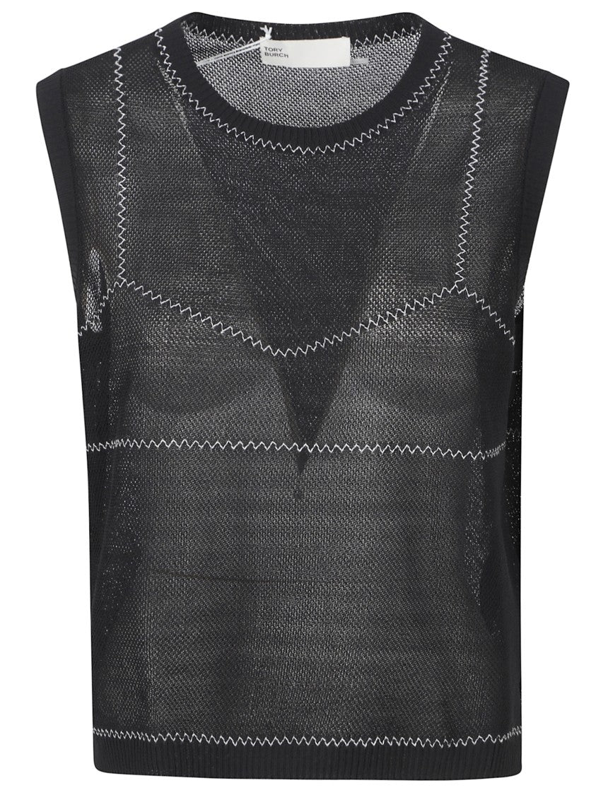 Tory Burch Sheer Black Mesh Top With Contrast Zigzag Stitching