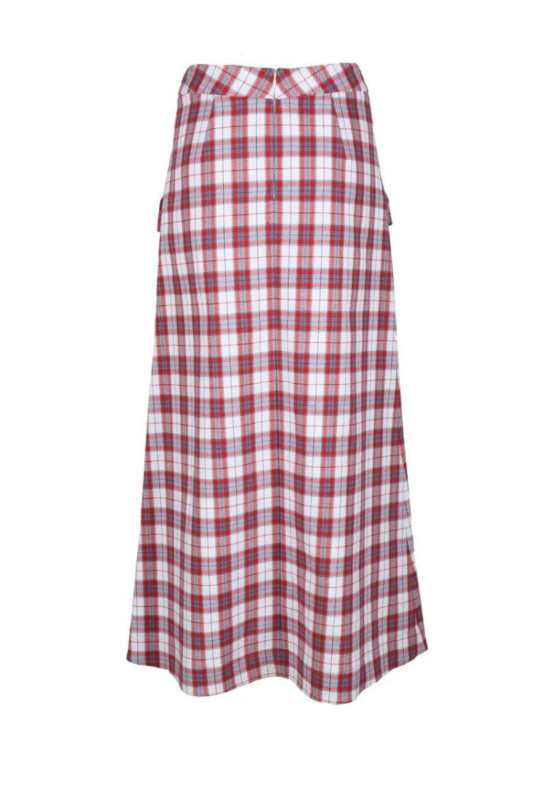 L Autre Chose Classic Plaid Midi Skirt With Flap Pockets