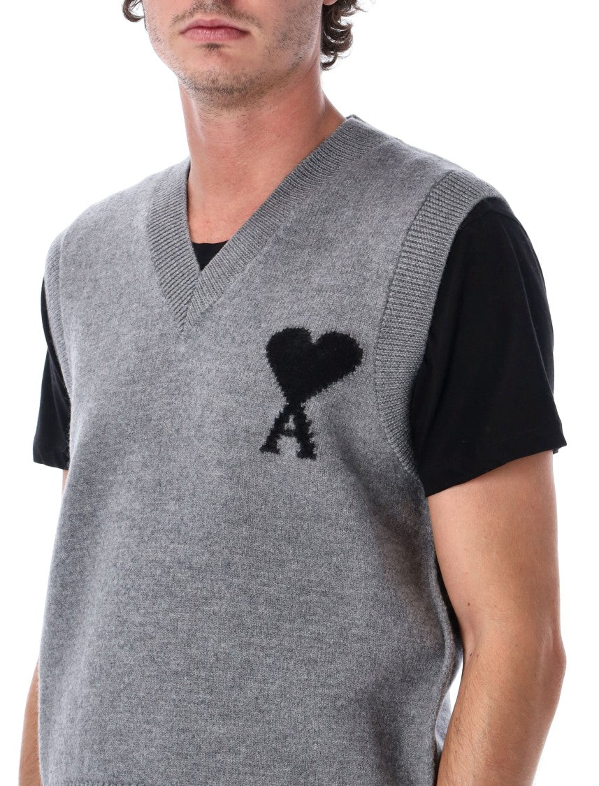 Ami Paris Felted Merino Wool Sleeveless Sweater With Intarsia Heart Design
