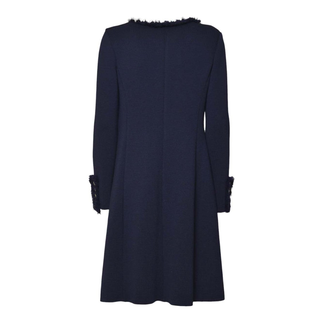 Charlott Tailored Long Coat In Deep Navy Wool With Fringed Trim