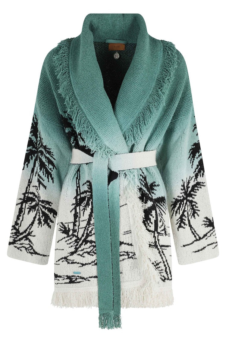 Alanui Woodland Green Wave Bloom Geometric-Jacquard Cardigan