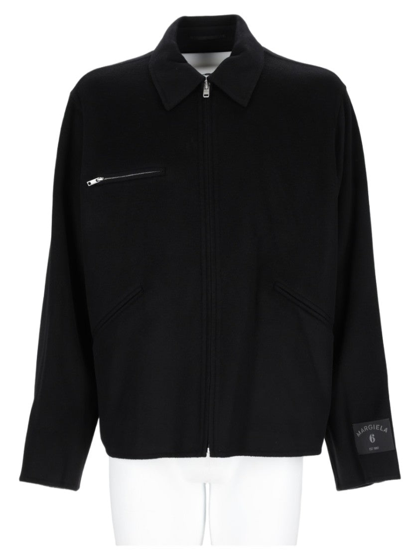 Mm6 By Maison Margiela Wool Black Jacket With Classic Collar And Zippered Pockets