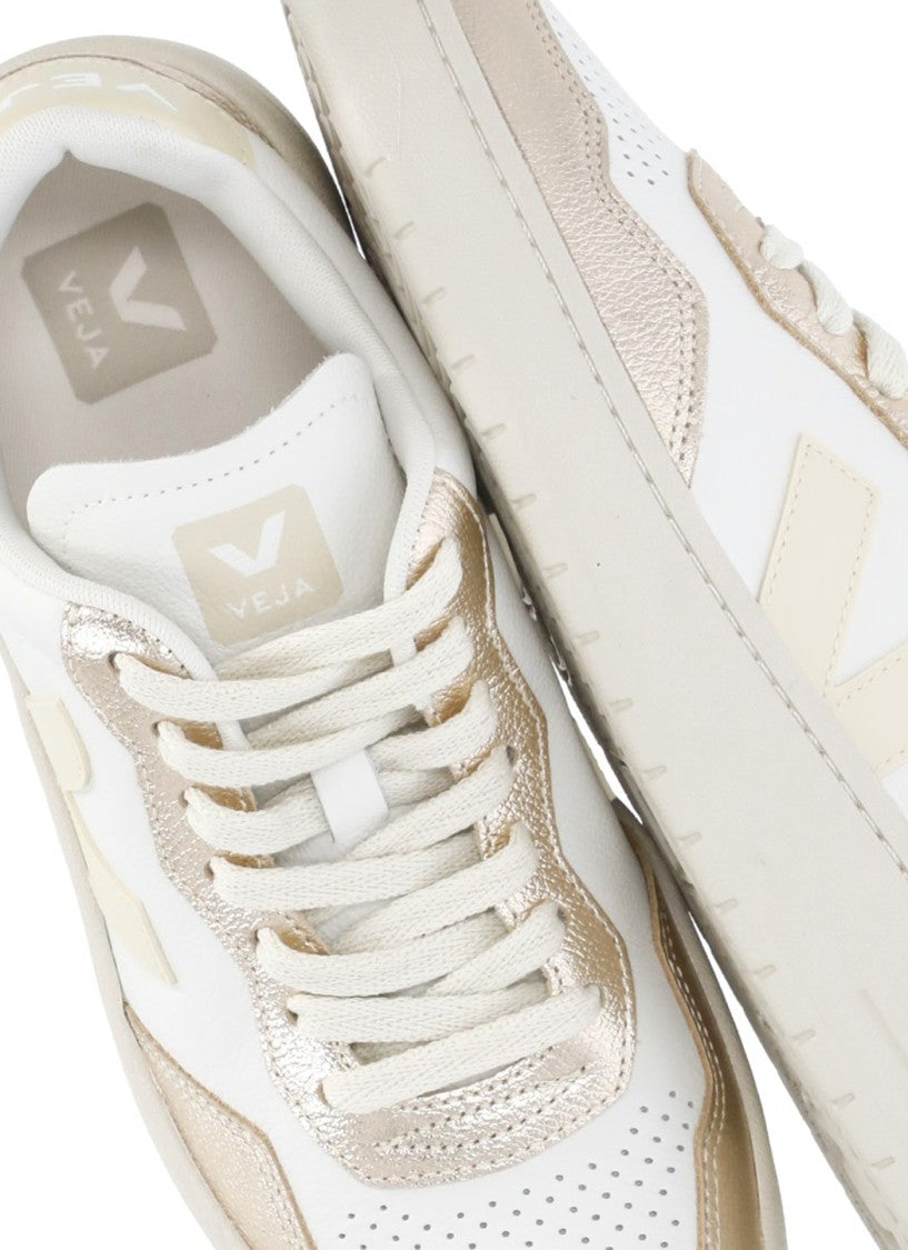 Veja White V-90 Gold Accent Leather Sneakers