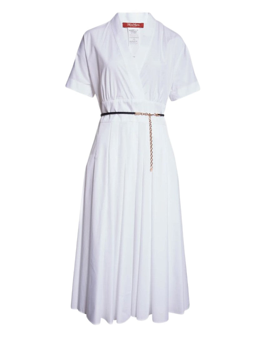 Max Mara V-Neck White Midi Dress With Fitted Waist