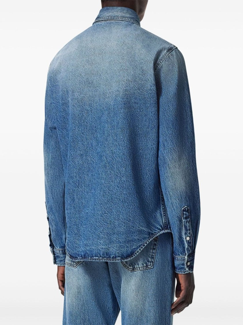 Versace Indigo Blue Washed Denim Shirt With Embossed Logo