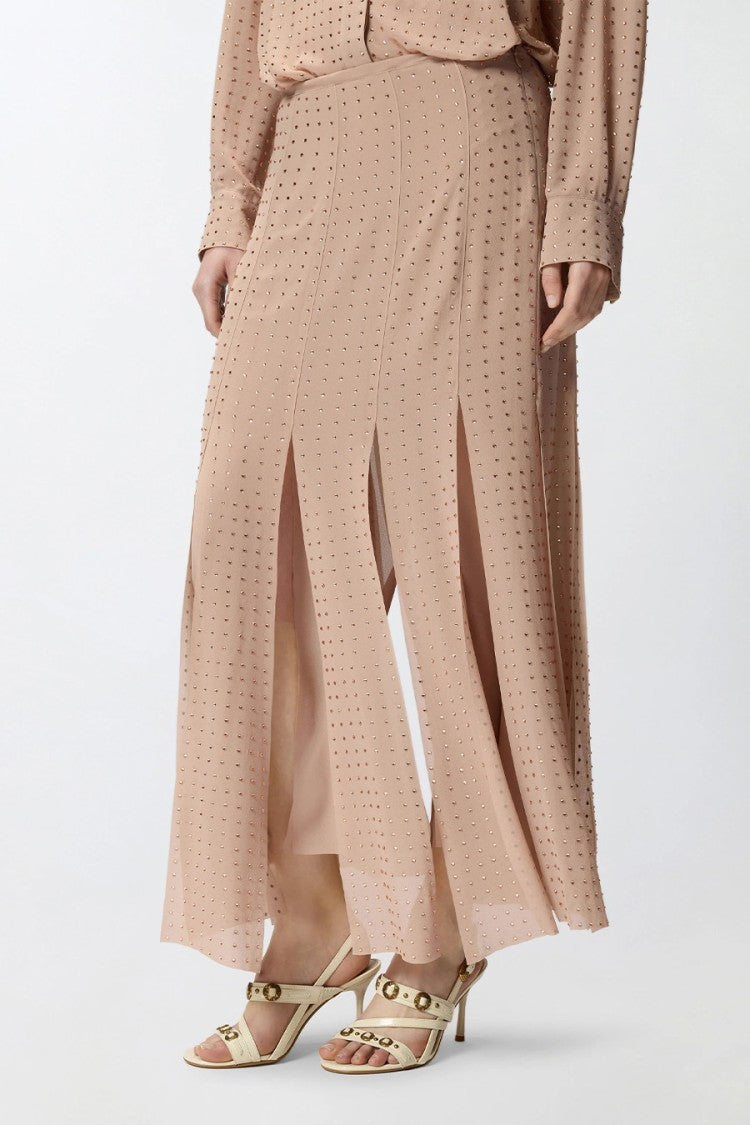 Pinko Beige Fringed Hem Allover Rhinestone Georgette Midi Skirt
