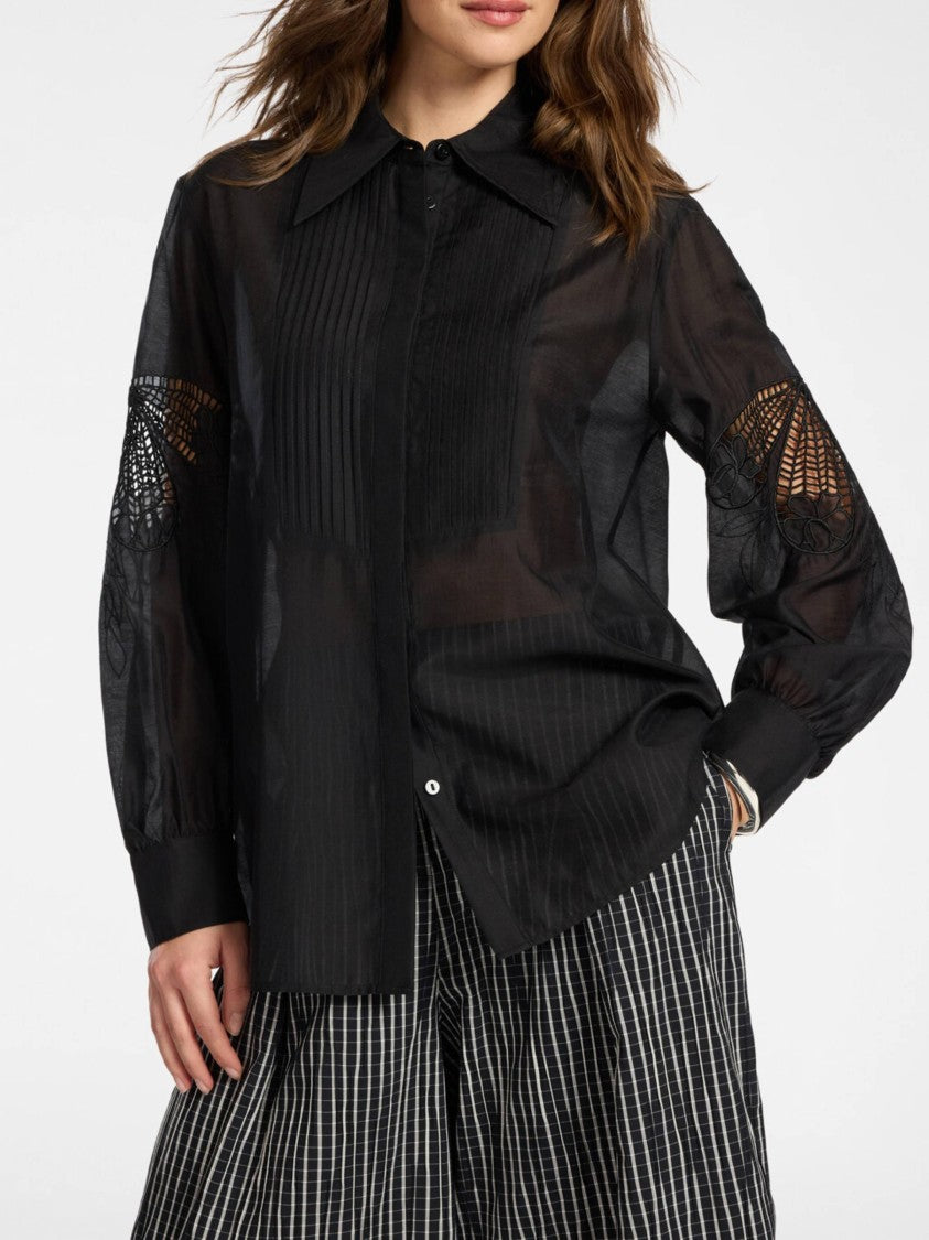 Elena Miro` Sheer Black Lace Detail Silk Blouse