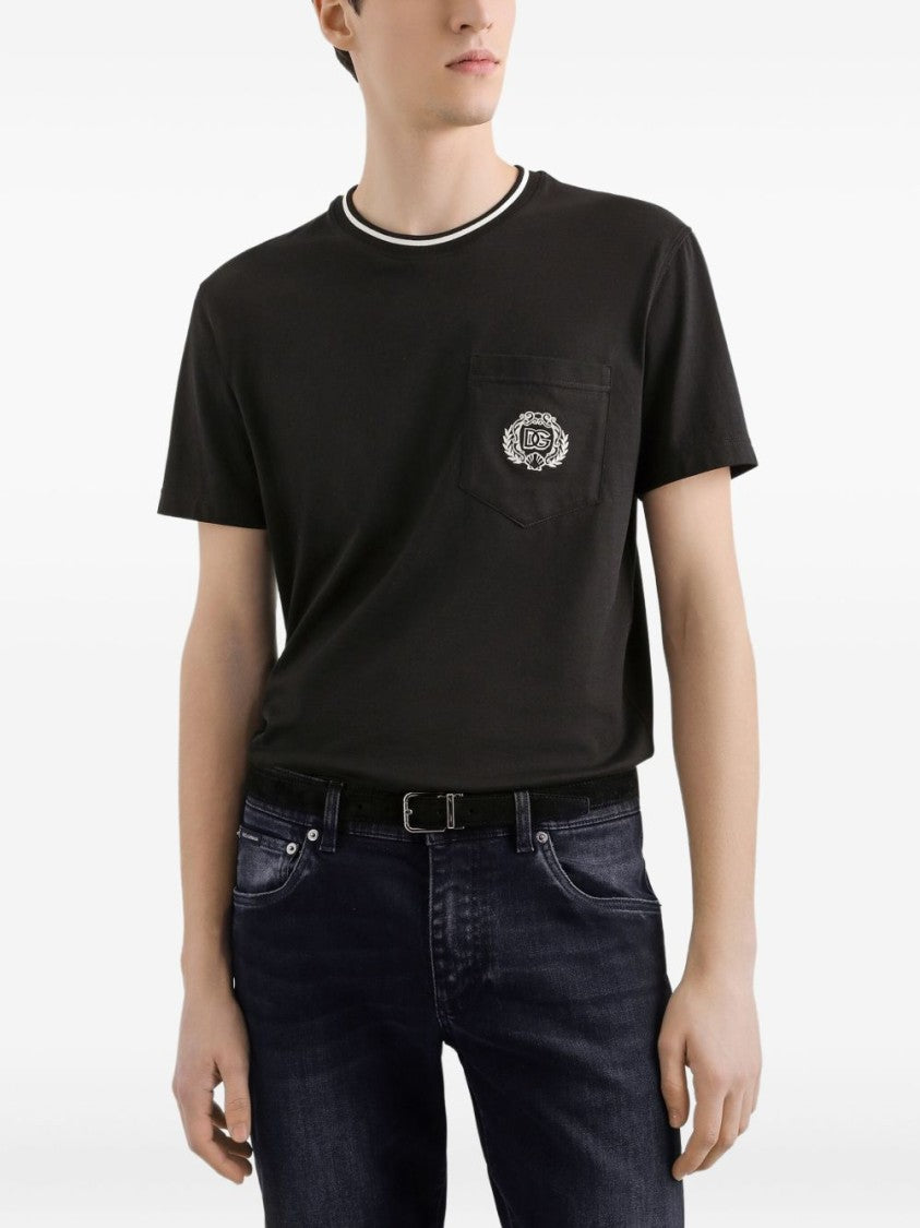 Dolce & Gabbana Crew Neck Black T-Shirt With Embroidered Logo