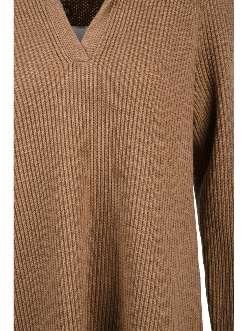 Max Mara Ribbed Knit Dress With Raglan Sleeves And V-Neckline