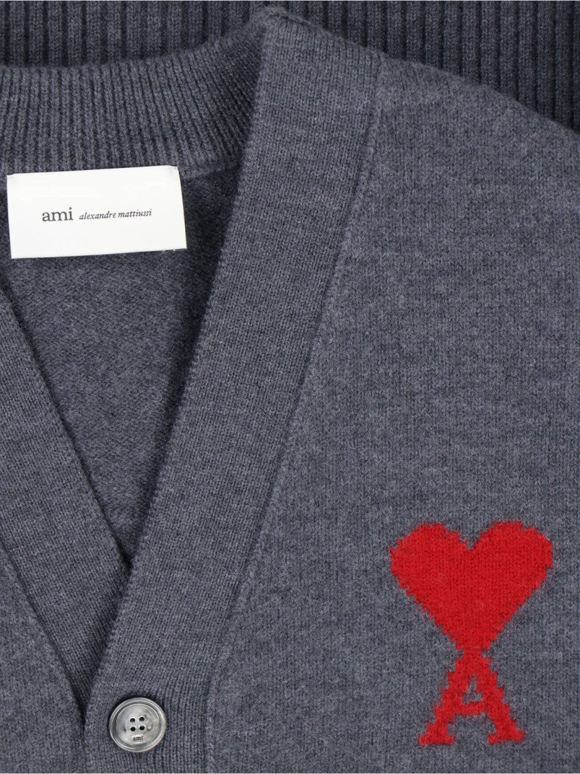 Ami Paris Grey Ami De Cœur Wool Cardigan