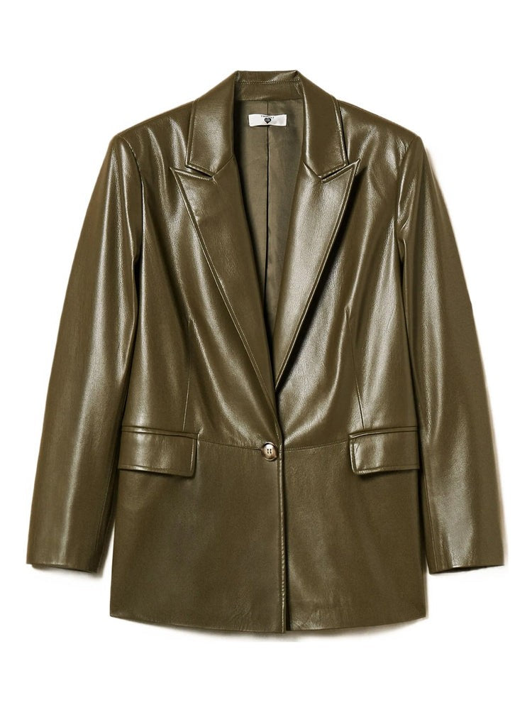 Twin-Set Green Single-Button Wide Lapels Polyester Blazer