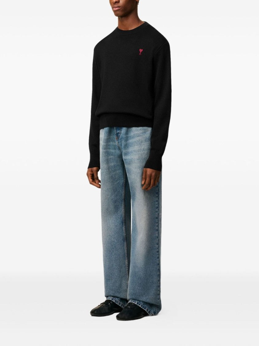 Ami Paris Silk And Nylon Knit Sweater With Heart Logo