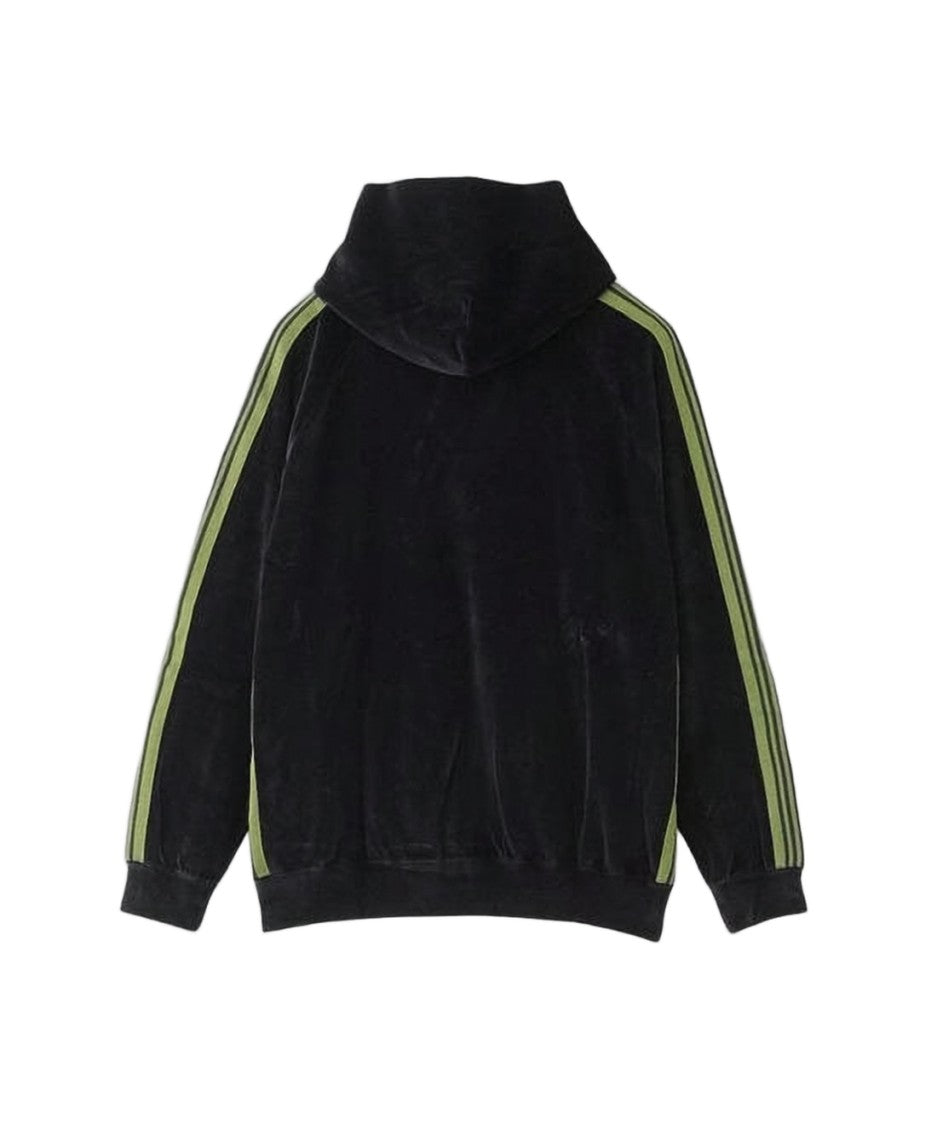 Needles Velvety Black Hoodie With Striped Sleeves