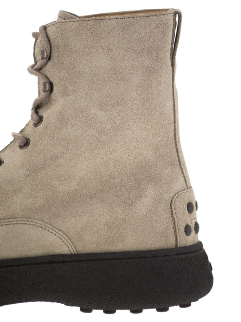 Tod's Ankle Suede Lace-Up Boot With Iconic Rubber Sole