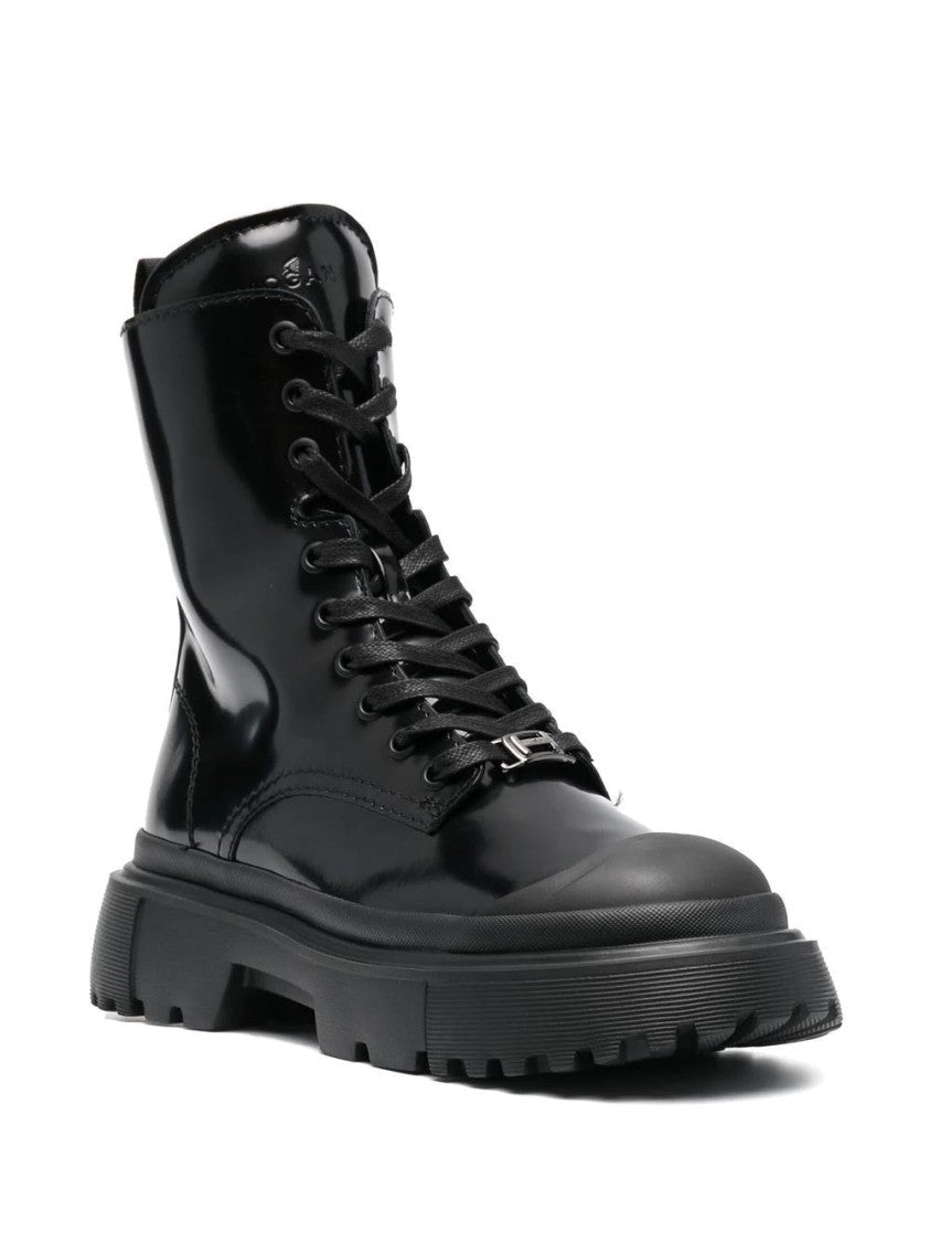 Hogan Black Polished Leather Side Zip Ankle Boots