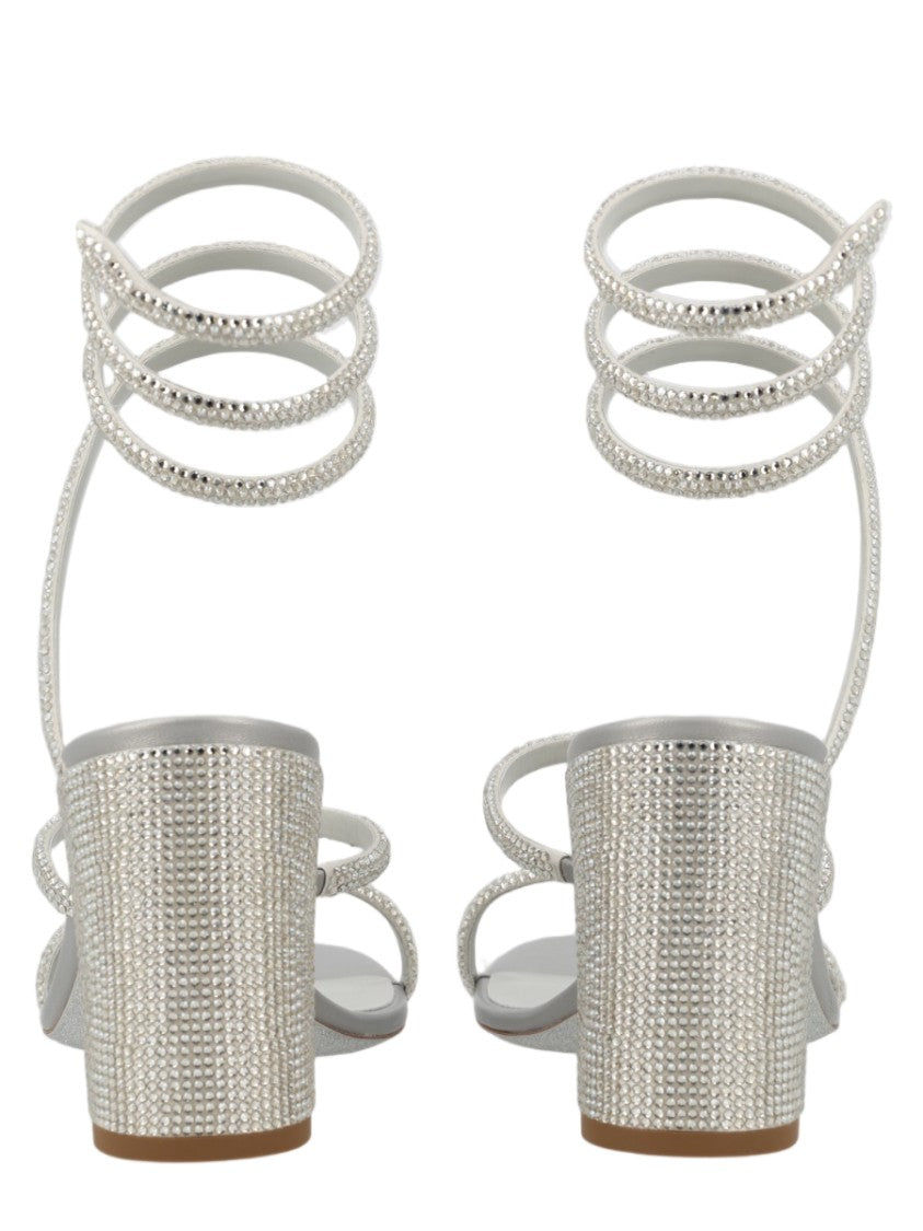 René Caovilla Cleo Crystal Embellished Silver Leather Sandals