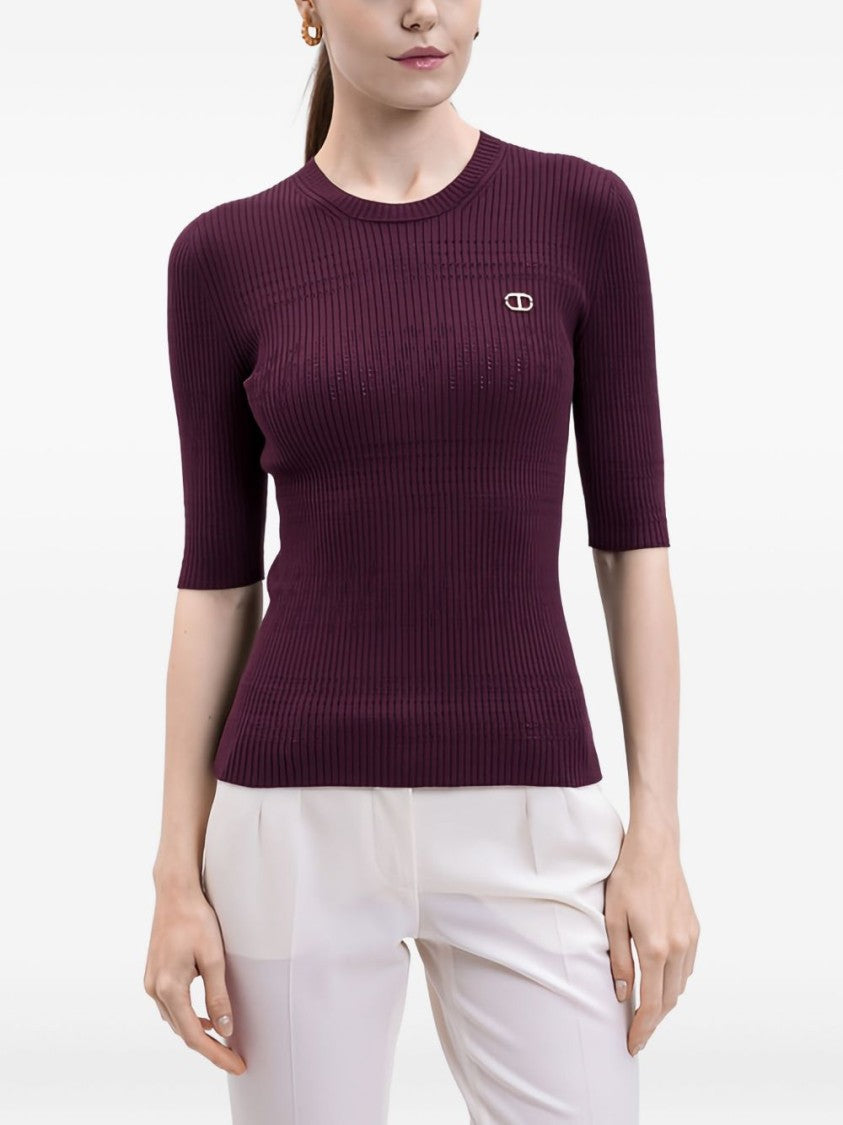 Twin-Set Ribbed Bordeaux Sweater With Elbow-Length Sleeves