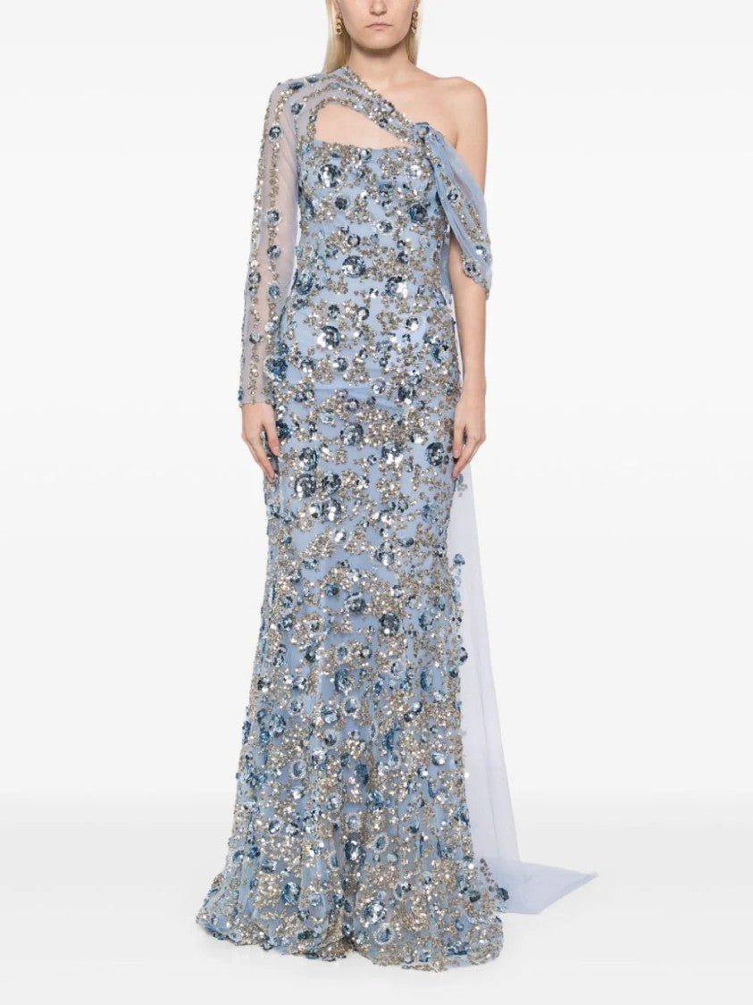 Saiid Kobeisy Tulle One-Shoulder Sleeve, Dress With Dotted Beading A Tulle Tail