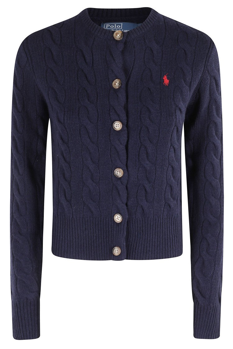 Polo Ralph Lauren Cropped Woven Cable Knit Cardigan In Hunter Navy