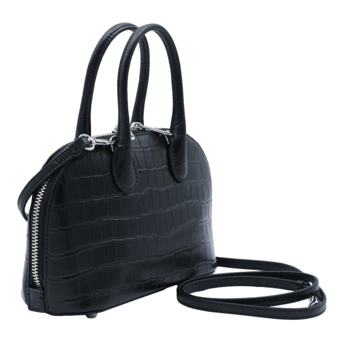 Self-Portrait Black Crocodile-Embossed Structured Charm Leather Top-Handle Bag