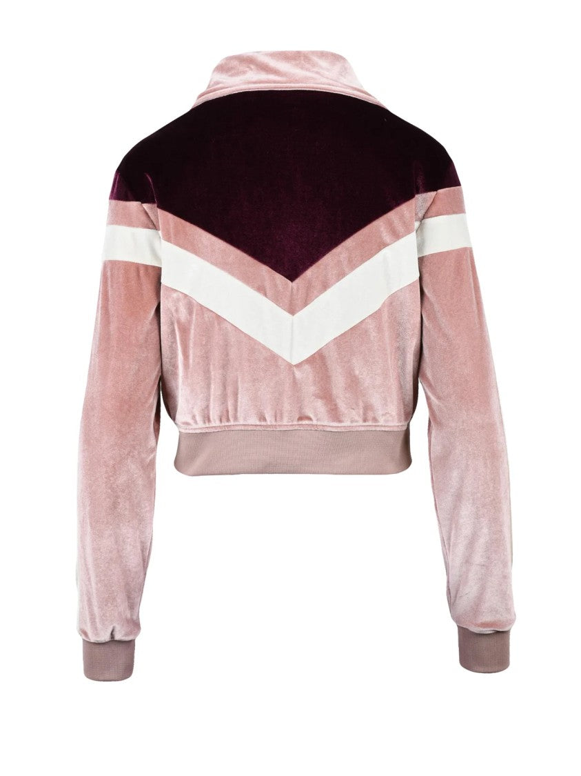 Palm Angels Cropped Velvet Sweatshirt With Chevron Pattern And Zip-Up Front