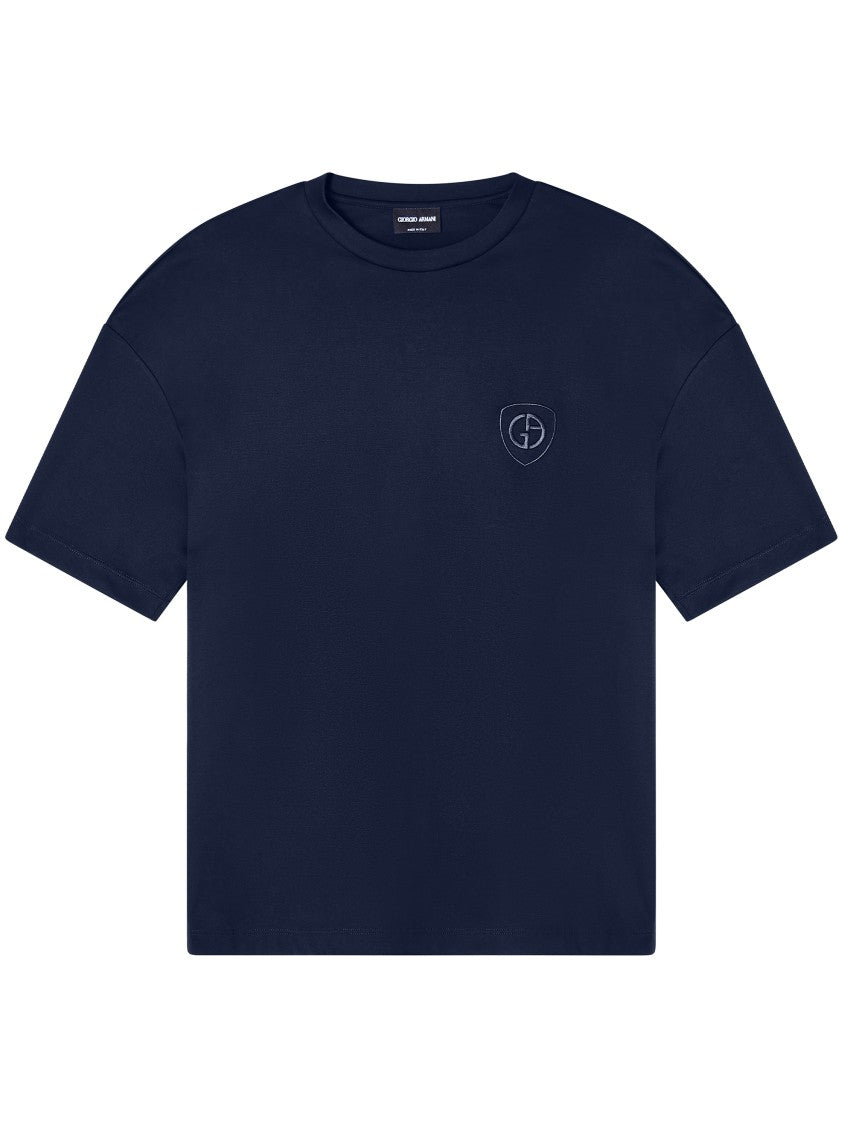 Giorgio Armani Navy Blue Boxy-Fit Embroidered Logo T-Shirt