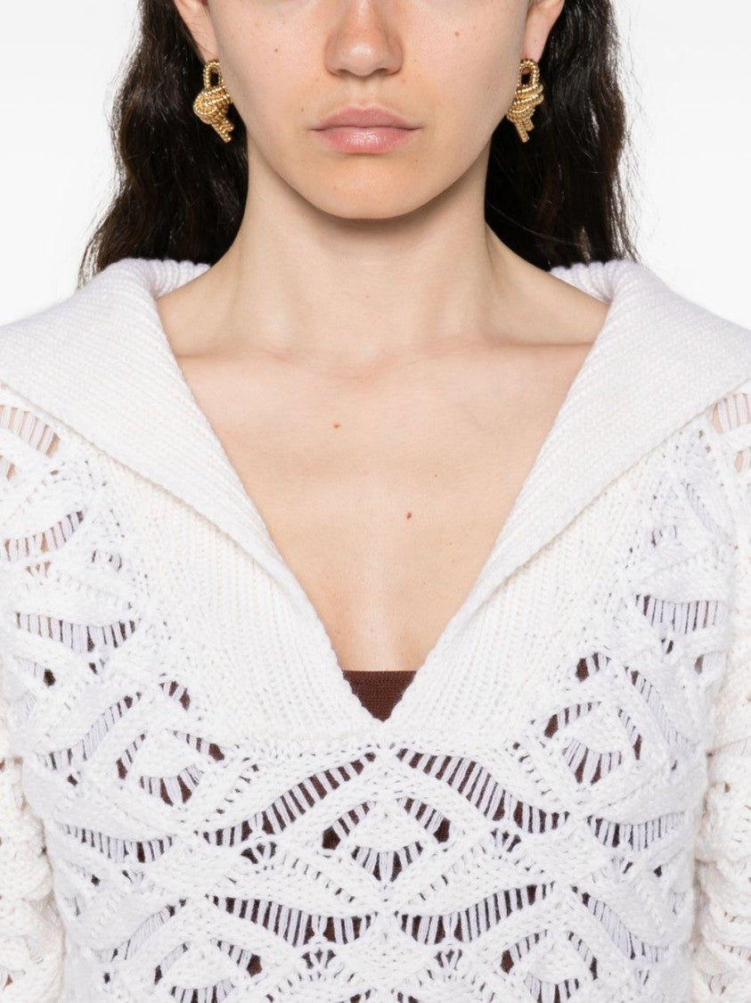 Tabaroni Cashmere Openwork White Knit Top With Scalloped Hem