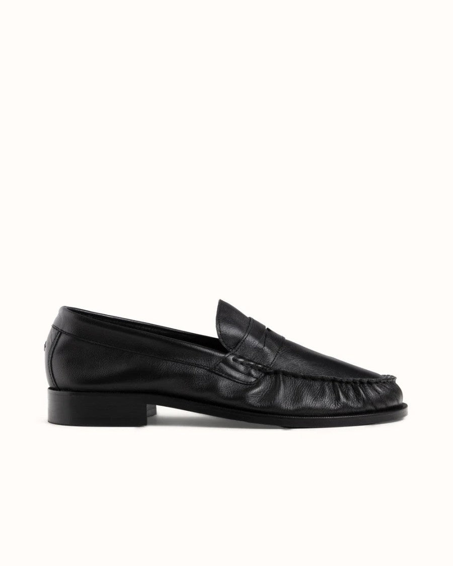 Duke + Dexter Black Hand-Stitched Ruched Nappa Leather Loafers