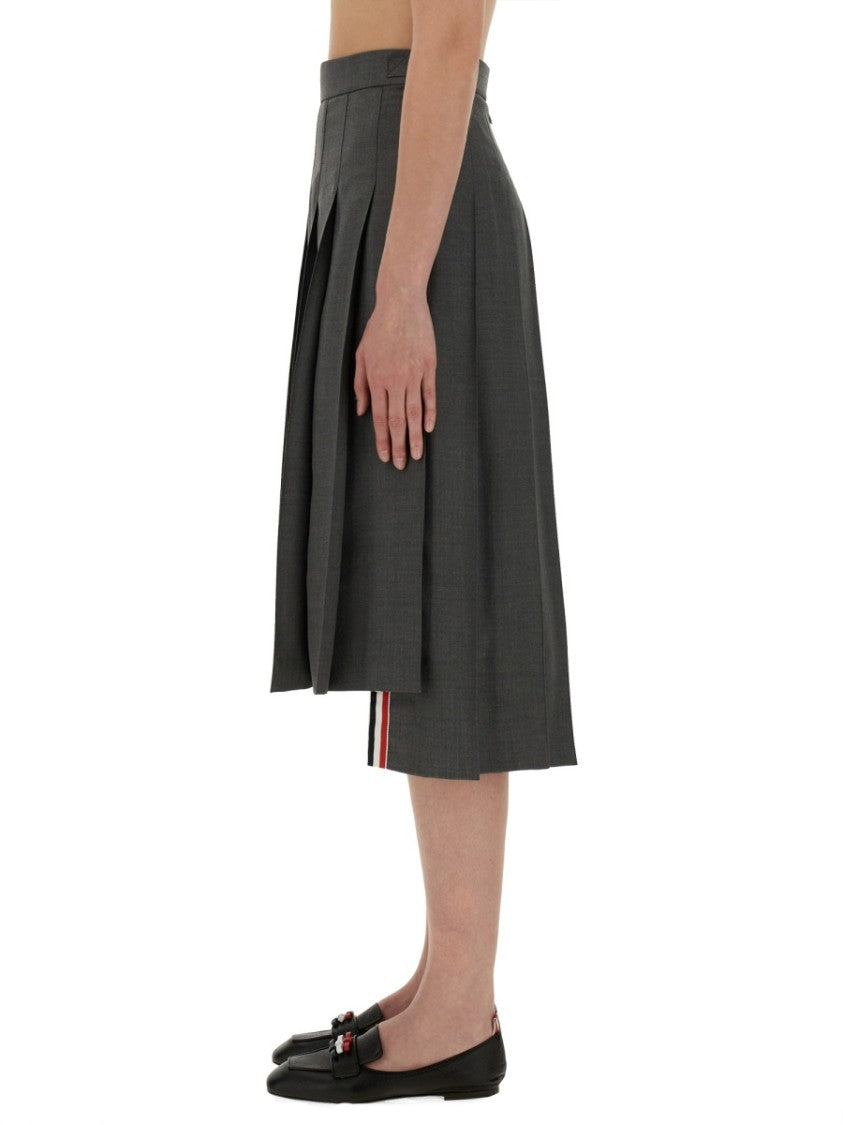 Thom Browne Pleated Grey Midi Skirt With High-Low Hem