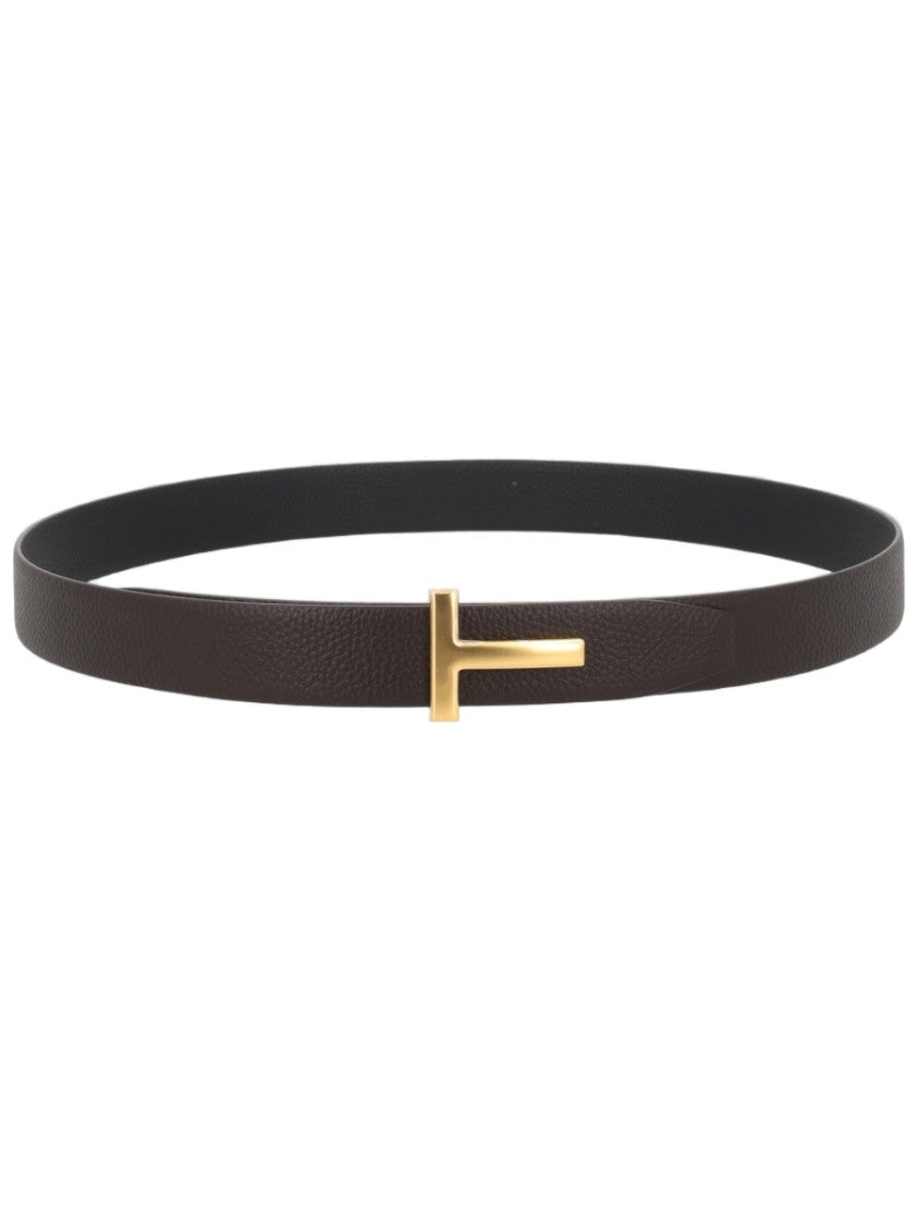 Tom Ford T Icon Textured Gold-Tone T Buckle Calf Leather Belt