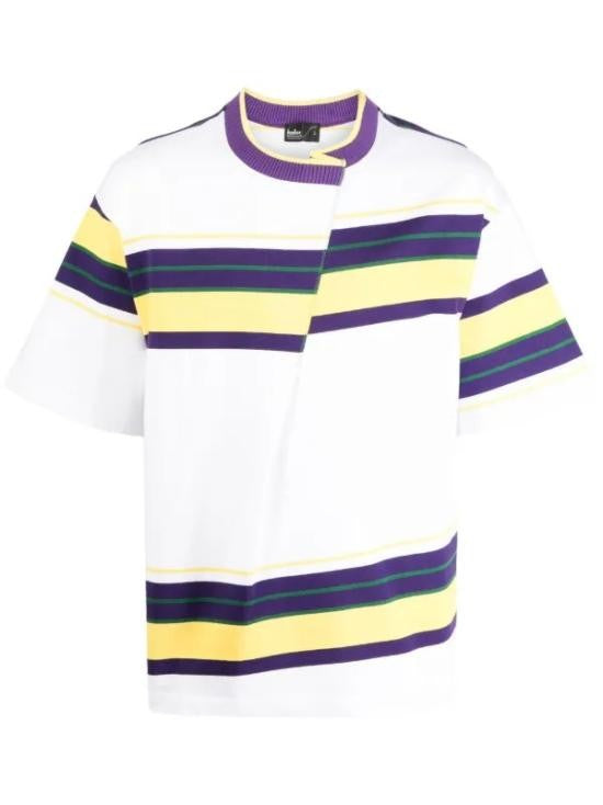 Kolor Horizontal Striped Short-Sleeved T-Shirt With Purple Neckline