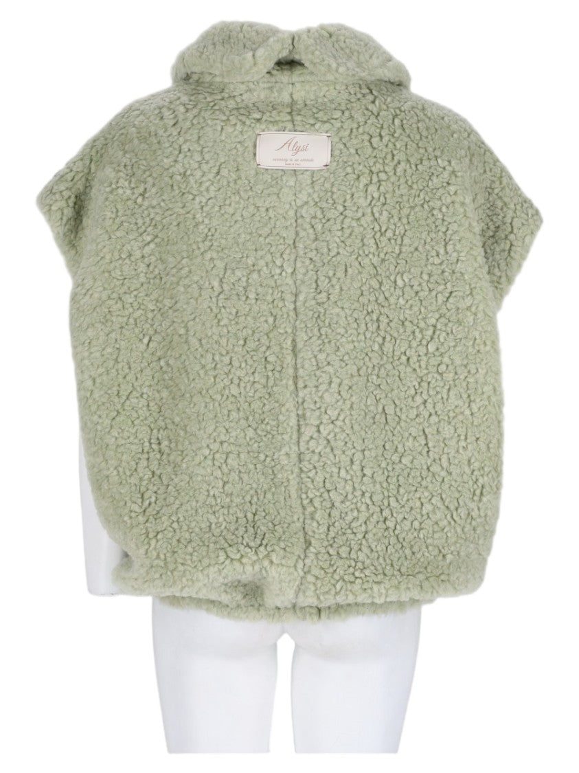 Alysi Green Textured Curly Fabric Stand-Collar Vest