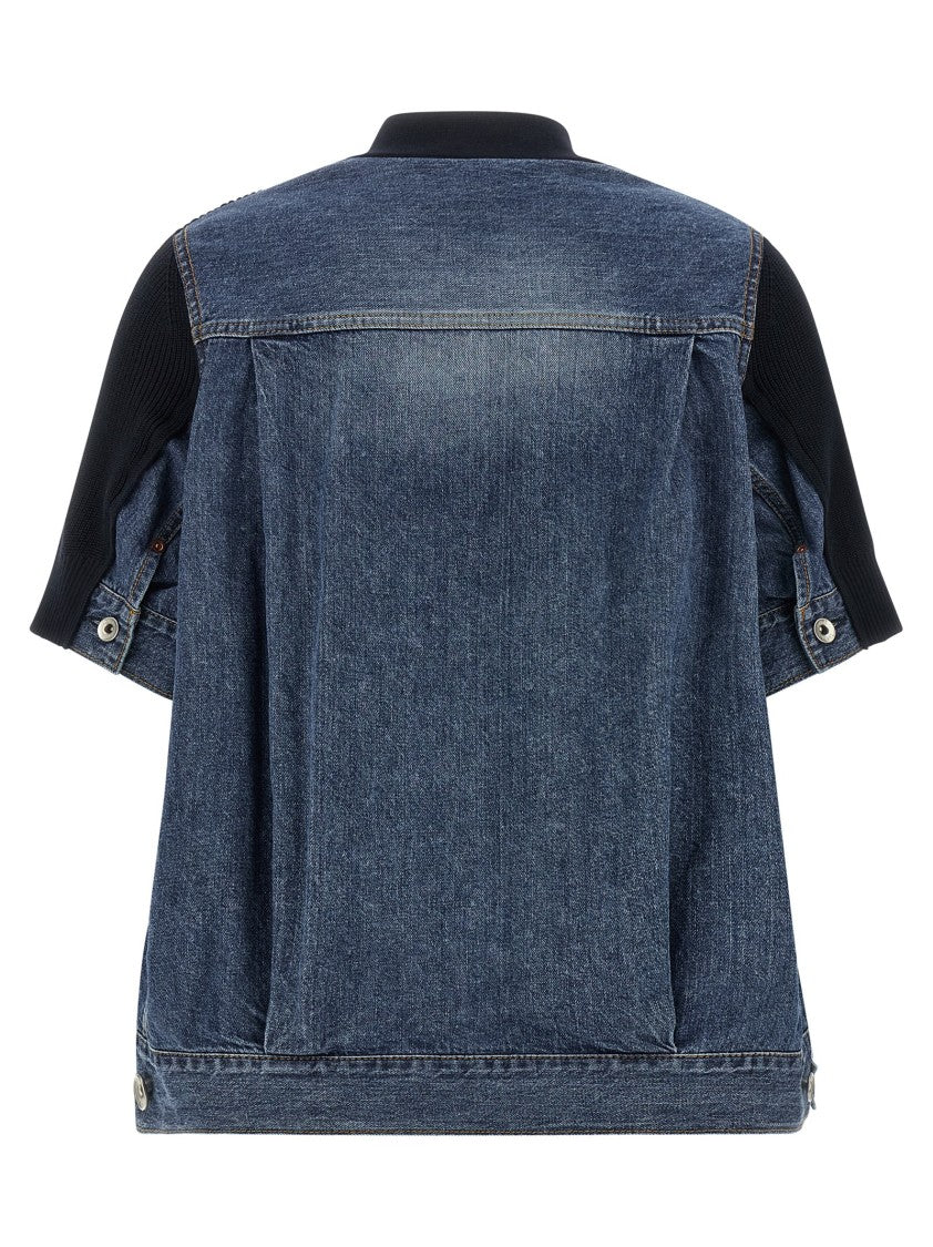 Sacai Flared Cotton Denim Cardigan With Knitted Front Insert