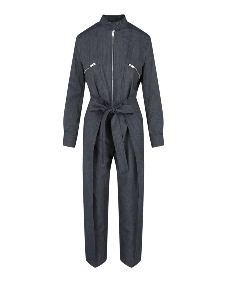 Stella Mccartney Zip-Up Grey Denim Jumpsuit With Mandarin Collar And Tapered Fit