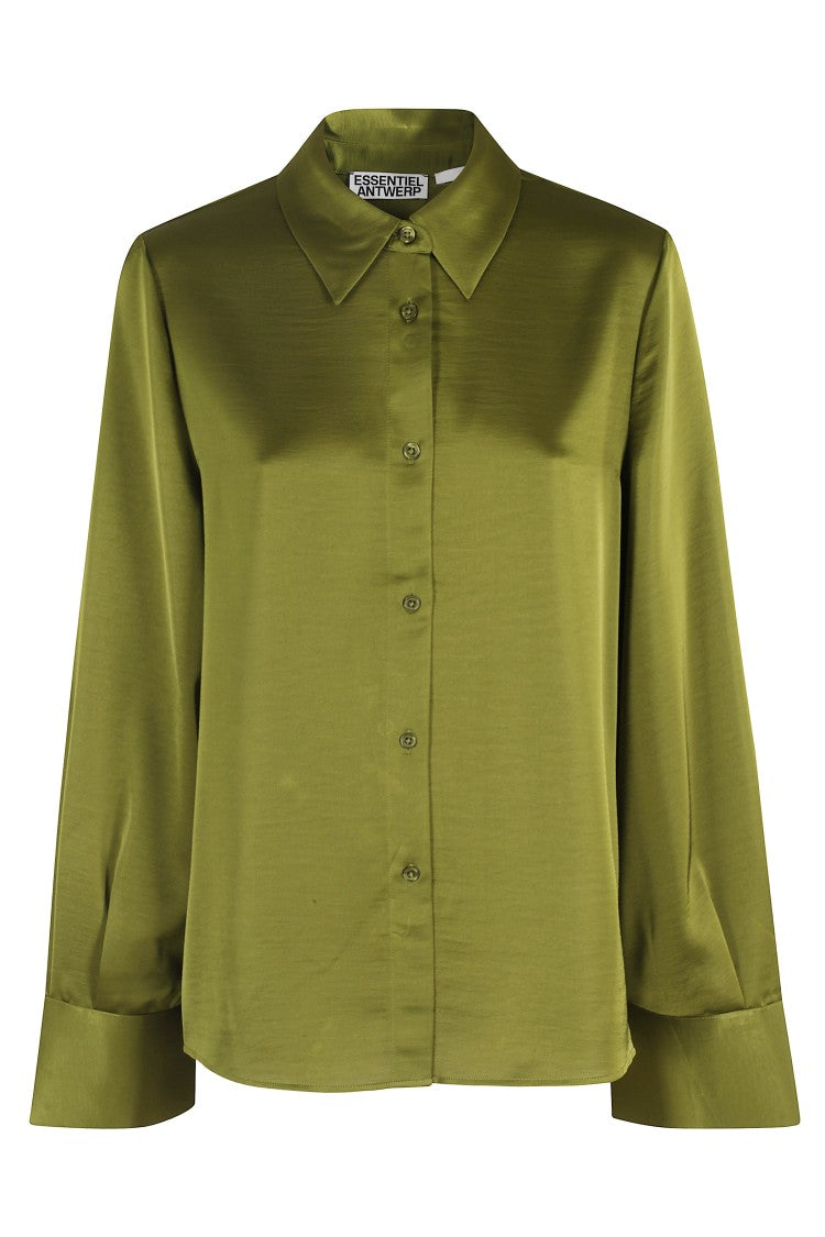 Essentiel Antwerp Boxy Olive Shirt With Classic Collar And Pleated Back Detail